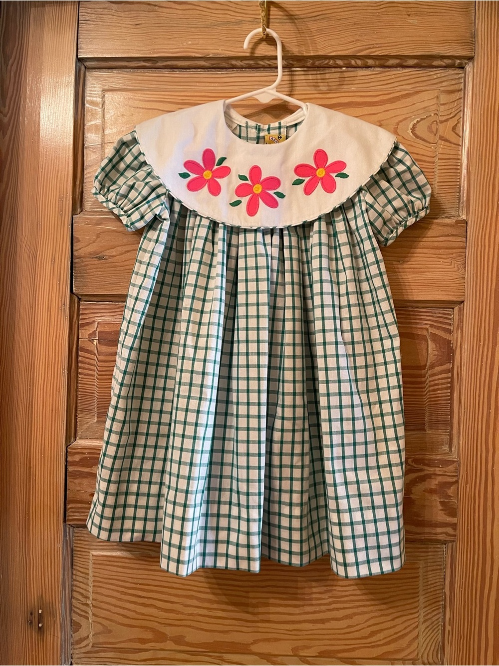 Green Plaid Girls' Dress with Pink Flowers on White Yoke Size 3